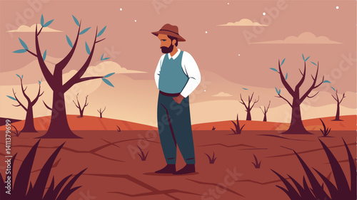 As he stands in a field of wilted plants and barren soil the farmer cant help but feel a sense of despair and hopelessness wash over him.. Vector illustration