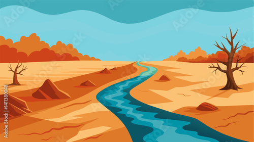 As rainfall becomes scarce the streambed stands as a stark reminder of the devastating impact of climate change on our planet.. Vector illustration