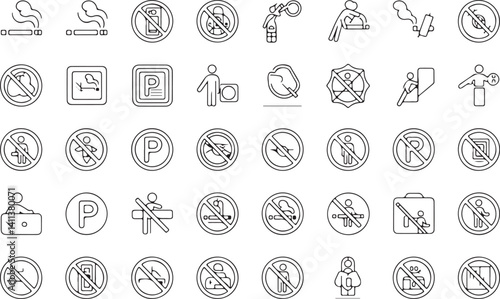 Public safety icon set in minimalist line art style with prohibition signs and regulatory symbols for clear and effective signage in various environments