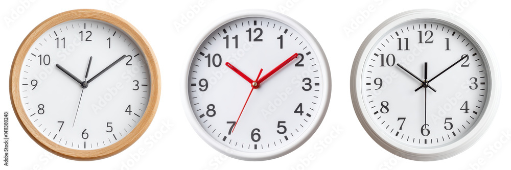Three analog clocks with distinct designs, showcasing varying styles and color accents for timekeeping. Three analog clocks with distinct designs, showcasing varying styles and color accents for timekeeping.