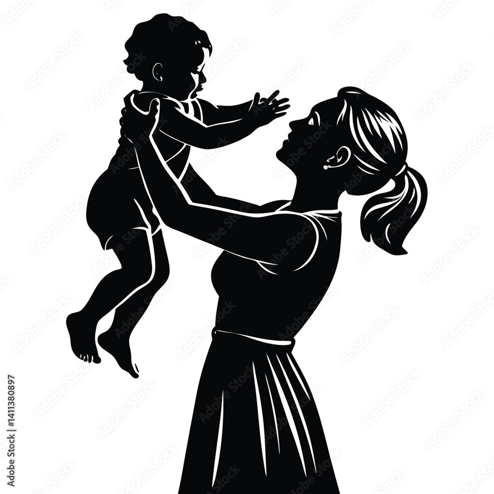 Fototapeta premium Silhouette of a Mother Joyfully Lifting Her Baby