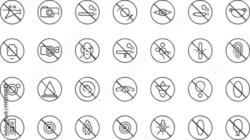 Prohibition symbol icon set with clear line illustrations of no photography, smoking, or pets signs in black and white for public safety and regulatory notices