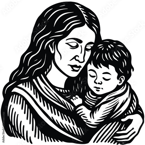 Mother and Child Tender Embrace Black and White Illustration