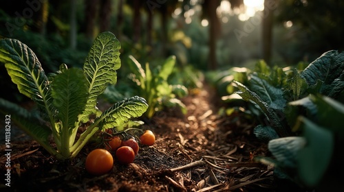 Peaceful organic vegetables growing in sunlit garden