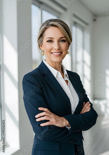 Happy confident mature business lady professional executive, female corporate banking manager of middle age looking at camera posing for portrait standing in office, 45 years old businesswoman leader