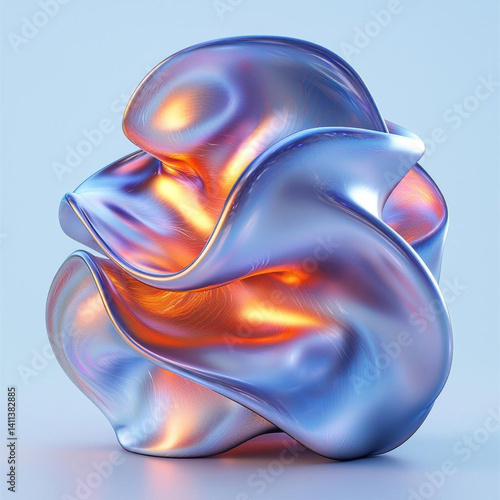 Minimalist abstract shapes create fluid metallic sculpture with glowing hues