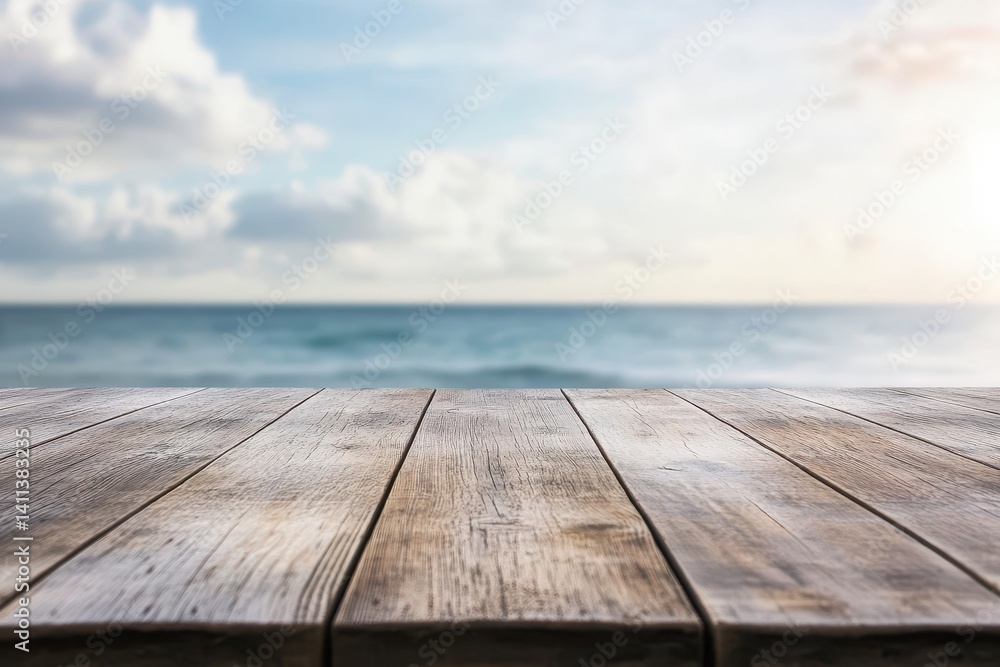Wooden table over ocean view Wooden table over ocean view