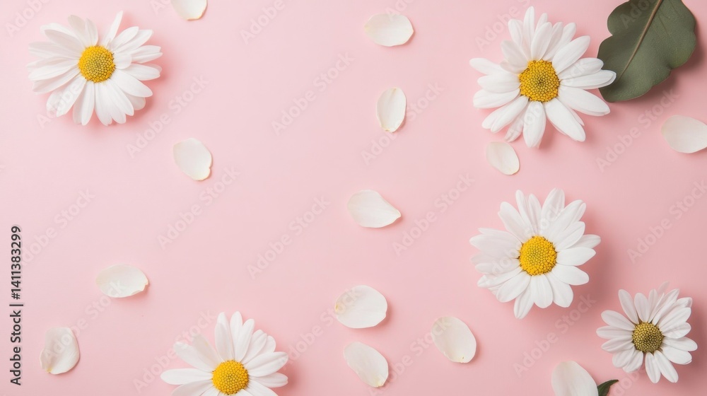 Obraz premium delicate daisy blooms and soft petals scattered across a gentle pink backdrop creating a serene and inviting atmosphere for various creative projects and visual storytelling