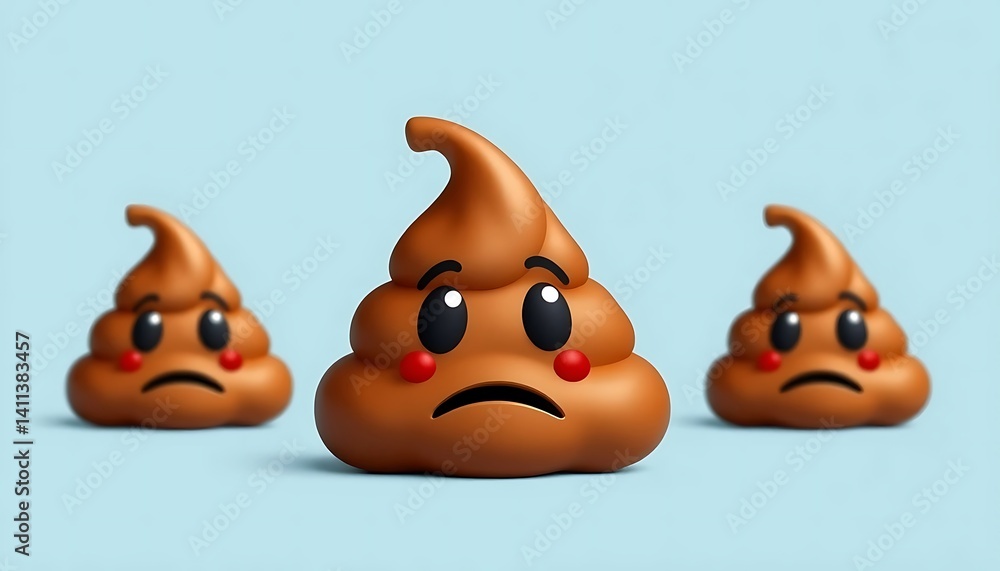 Three 3D Rendered Sad Poop Emojis with Red Cheeks on a Light Blue Background Three 3D Rendered Sad Poop Emojis with Red Cheeks on a Light Blue Background