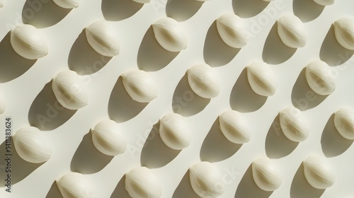 Wallpaper Mural A flat lay image showcasing a repeating pattern of garlic cloves arranged diagonally against a light beige background. The sun casts gentle shadows, enhancing the texture and visual appeal. Torontodigital.ca