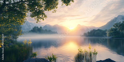 Majestic Sunrise Over a Tranquil Mountain Valley Wallpaper for Peaceful Nature Designs, Mountain Photography, or Adventure Branding Projects photo