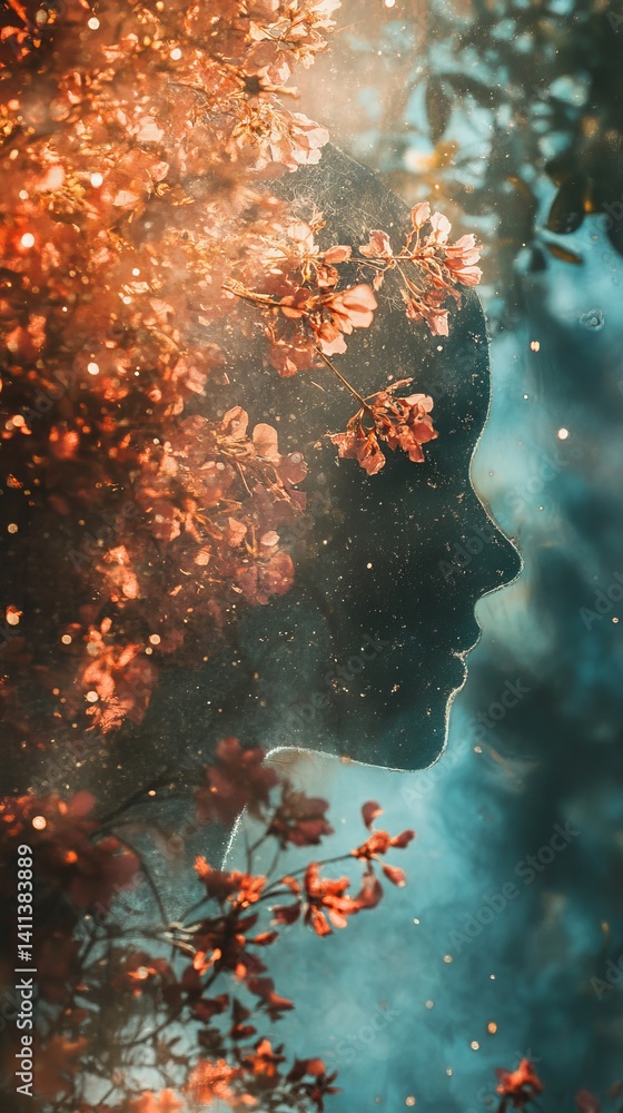 Ethereal silhouette of a woman surrounded by blooming flowers and soft light in a dreamy setting Ethereal silhouette of a woman surrounded by blooming flowers and soft light in a dreamy setting