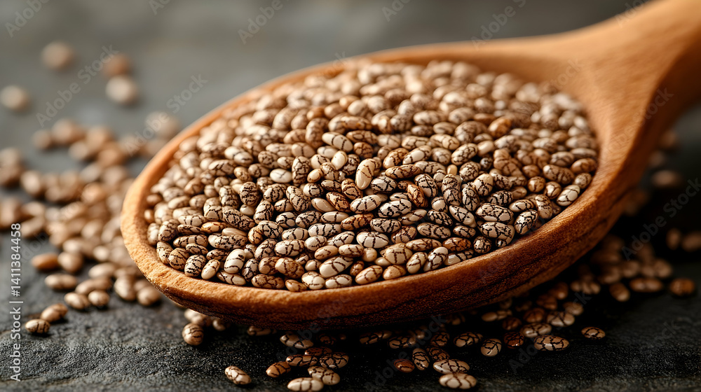 Wooden Spoon Overflowing with Patterned Chia Seeds on Dark Textu Wooden Spoon Overflowing with Patterned Chia Seeds on Dark Textu