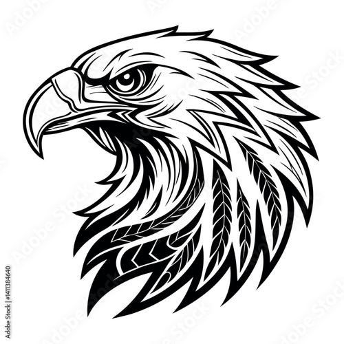 A stylized, Eagles head illustration in a bold tribal tattoo style.  Eagles  with sharp.