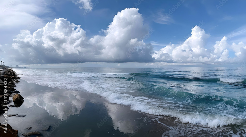 Obraz premium Scenic Seascape with Reflected Clouds and Waves