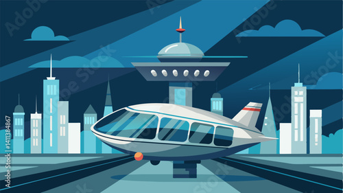 The skyhigh terminal for air taxis glimmers with a metallic sheen as if reflecting a glimpse into the technology of tomorrow.. Vector illustration