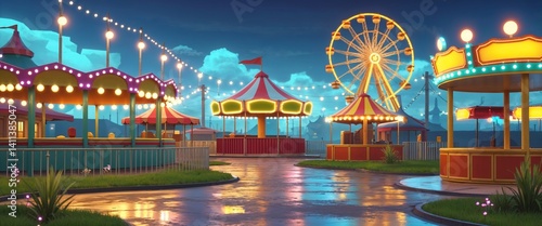 Wallpaper Mural carnival grounds with flashing ride lights 3d render scene video game concept background illustration digital artwork Torontodigital.ca