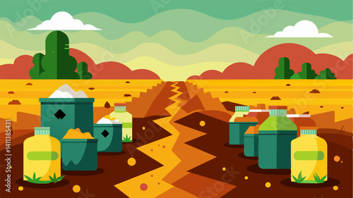 The fields are now littered with rusting pesticide and fertilizer containers their toxins seeping into the ground and contributing to the downfall of the farms soil.. Vector illustration