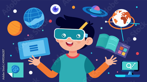 A child eagerly explores a virtual reality version of the internet learning about different websites and how they are connected through coding.. Vector illustration