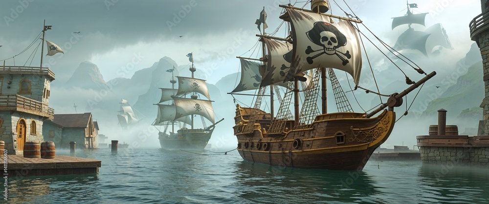 Naklejka premium pirate ship anchored in foggy harbor 3d render scene video game concept background illustration digital artwork
