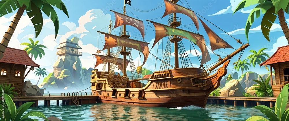 Naklejka premium pirate ship docked at a jungle port 3d render scene video game concept background illustration digital artwork