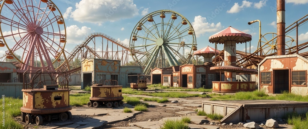 custom made wallpaper toronto digitalruined amusement park with rusted rides 3d render scene video game concept background illustration digital artwork