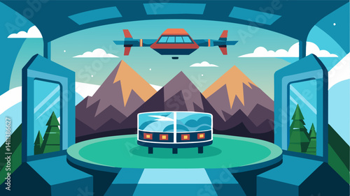 A virtual reality booth allows attendees to experience the breathtaking views and quick speeds of an eVTOL flight firsthand.. Vector illustration