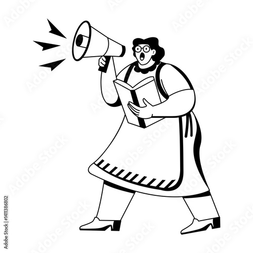 A glyph illustration of noisy librarian holding a loudspeaker and book 
