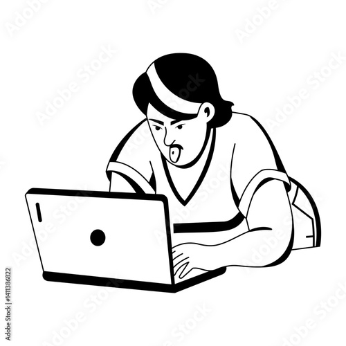 A glyph illustration of tongue out character using laptop 
