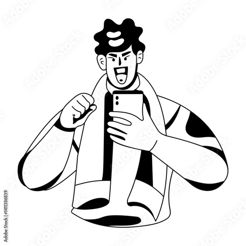 A glyph illustration of character holding a mobile having selfie fun 
