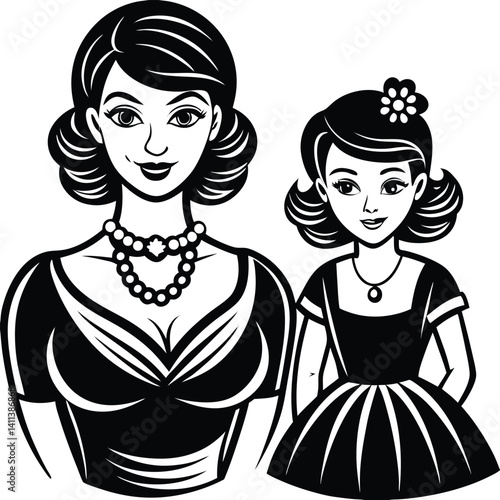 Vintage Style Mother and Daughter Portrait Illustration