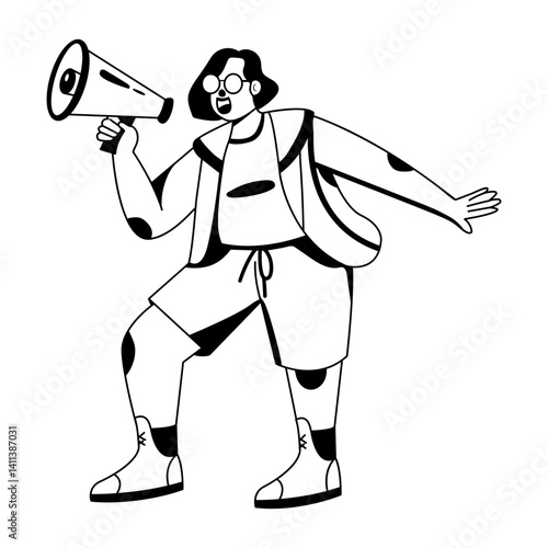 A glyph illustration of a character making an announcement in loudspeaker 
