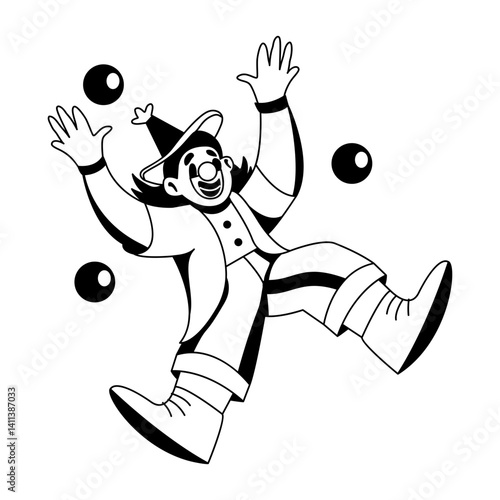 Funny joker juggling balls illustration in glyph style 
