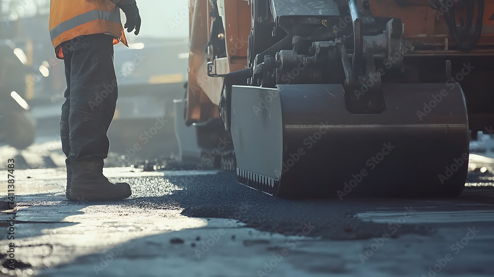 Road construction worker operating a paving machine. Featuring roadwork and paving Road construction worker operating a paving machine. Featuring roadwork and paving