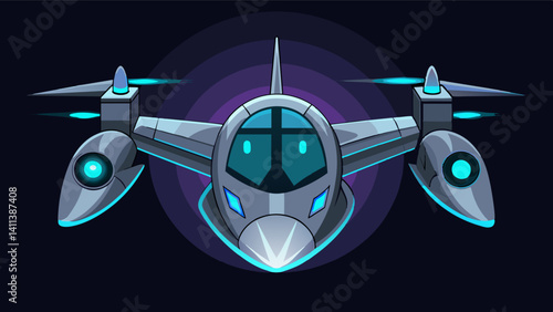 The eVTOL taxis look like soing out of a scifi movie with their shiny metallic exteriors and neon lights illuminating their wings.. Vector illustration