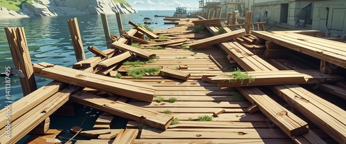 abandoned dock with broken wooden planks 3d render scene video game concept background illustration digital artwork