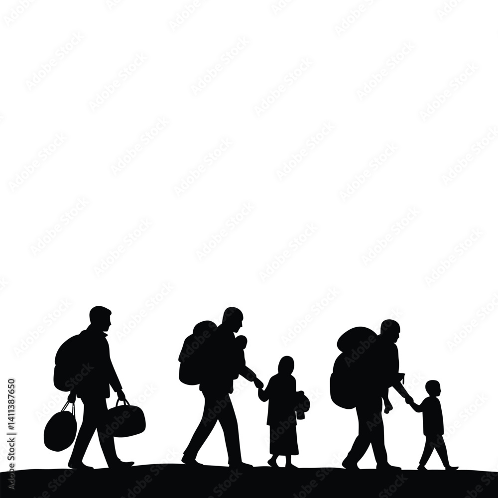 Silhouette Vector Illustration Of Refugee Family Walking With Belongings And Hopeful Future Silhouette Vector Illustration Of Refugee Family Walking With Belongings And Hopeful Future