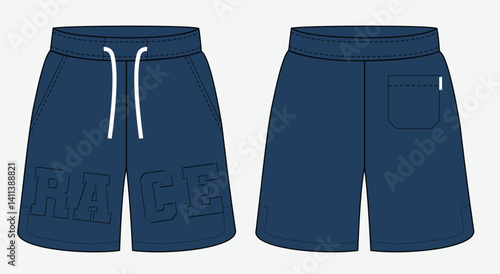 Stylized vector illustration of men’s sporty shorts featuring front “RACE” graphic, functional drawstring, and pocket details