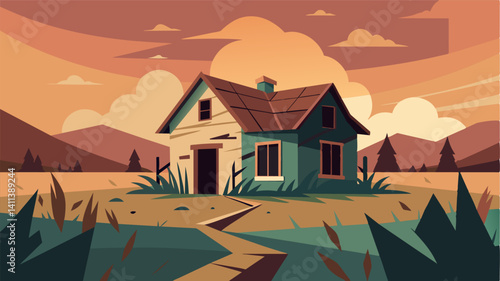 The abandoned farmhouse its windows shattered and roof caved in a reminder of the families who were disp by the war. The fields surrounding it now overgrown and neglected serve as. Vector illustration