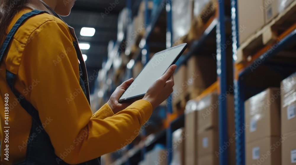 Fototapeta premium Warehouse worker checking stock levels on a tablet. Featuring organization and efficiency