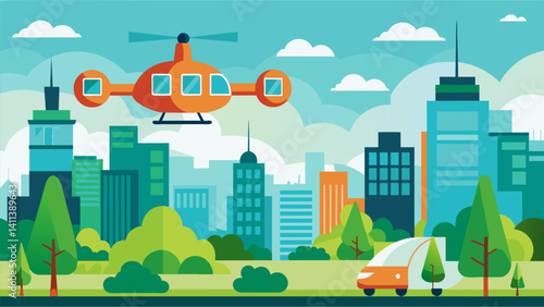 As the world moves towards sustainable living the introduction of autonomous air taxis in the city has significantly reduced carbon emissions and improved air quality leading to a. Vector illustration