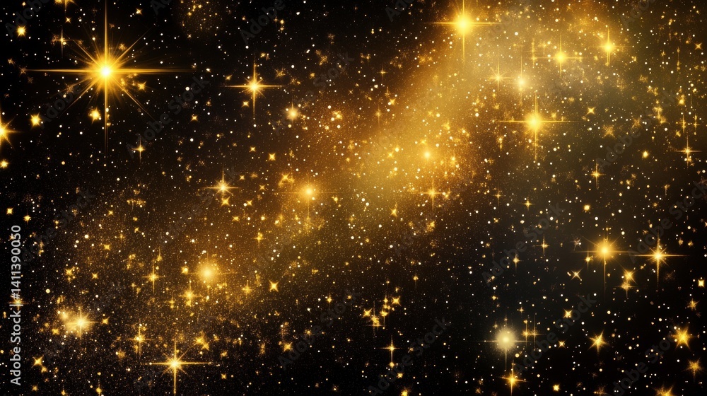 Fototapeta premium Golden stars twinkle in a vast cosmic expanse, creating a mesmerizing celestial scene.