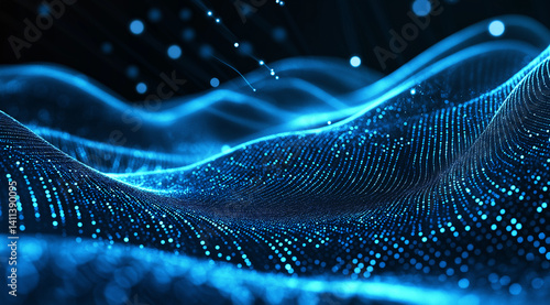 Abstract blue wave with glowing dots on a dark background