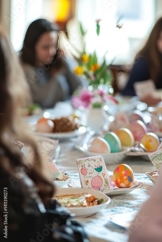 A brunch table with handmade cards and painted eggs as centerpieces. Each family member shares something they're thankful for. The mood is caring and soft