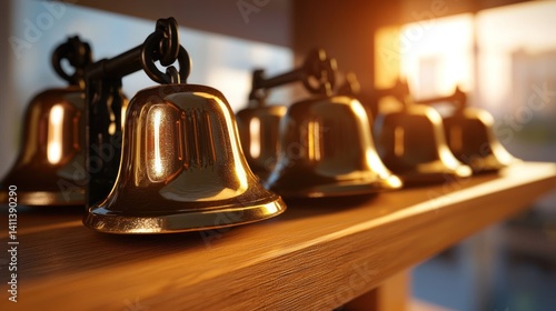 Golden bells on wooden shelf, sunlight through window
