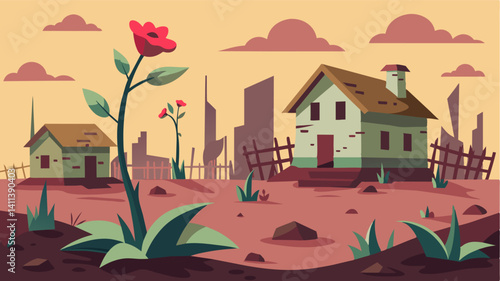 Ast the empty homes a small garden still stands wilted and untended a symbol of the resilience and beauty that once thrived in this now desolate village.. Vector illustration