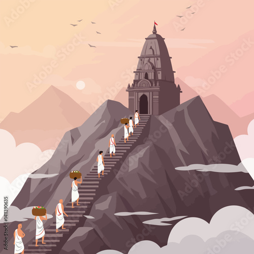 People Climbing Mountain Stairs to Temple at Sunrise