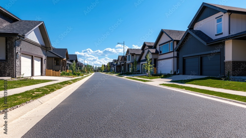 Suburban street lined with modern homes on a sunny day Suburban street lined with modern homes on a sunny day