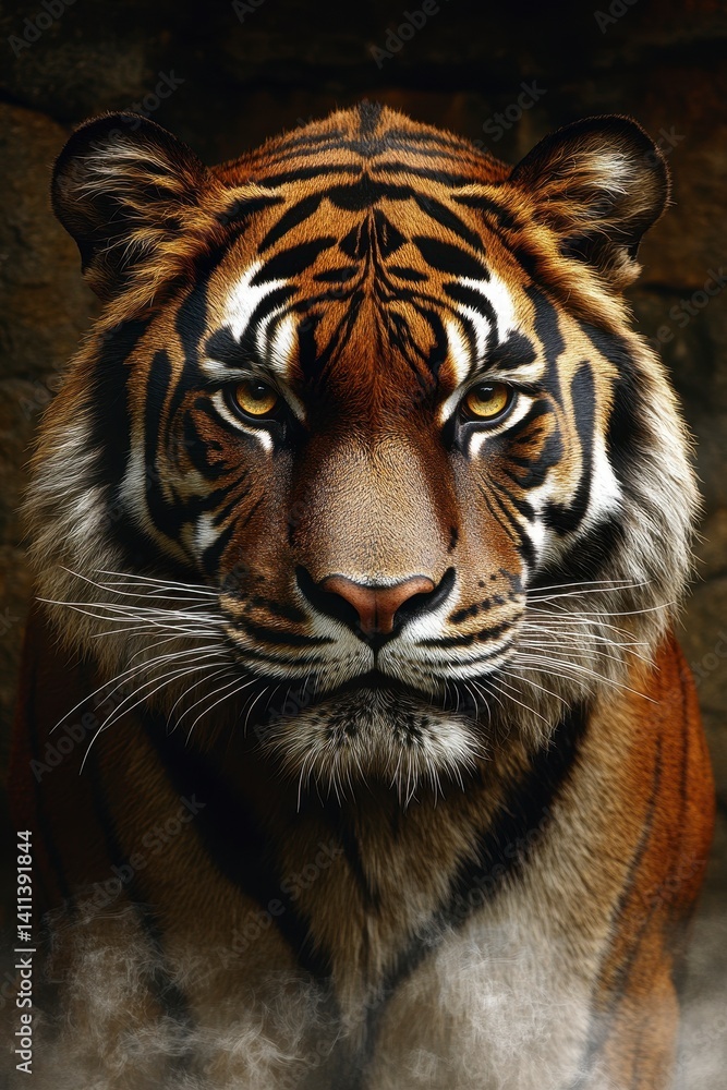 Fototapeta premium Majestic Tiger Portrait Intense Gaze, Orange and Black Stripes, Dark Background