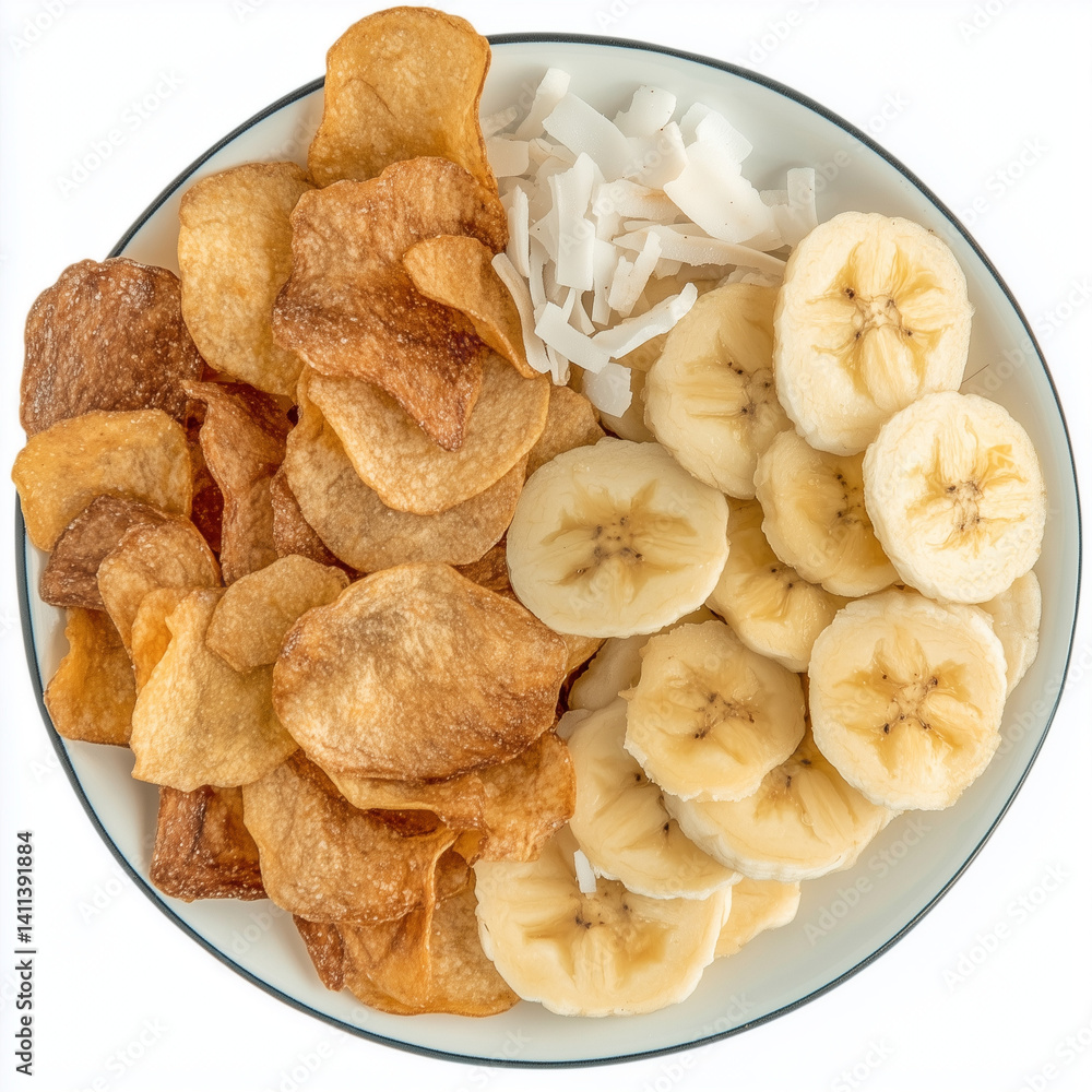 Fruit Chips Arrangement on a Plate with Bananas and Coconut Fruit Chips Arrangement on a Plate with Bananas and Coconut